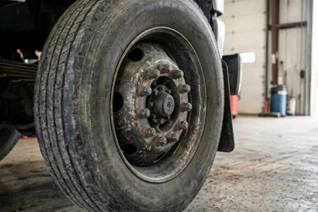 Close-up of a heavy-duty truck wheel with rusted lug nuts inside a repair bay